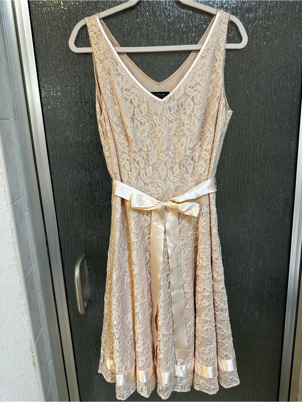 Tahari Lace Midi Dress in Champagne Satin Trim